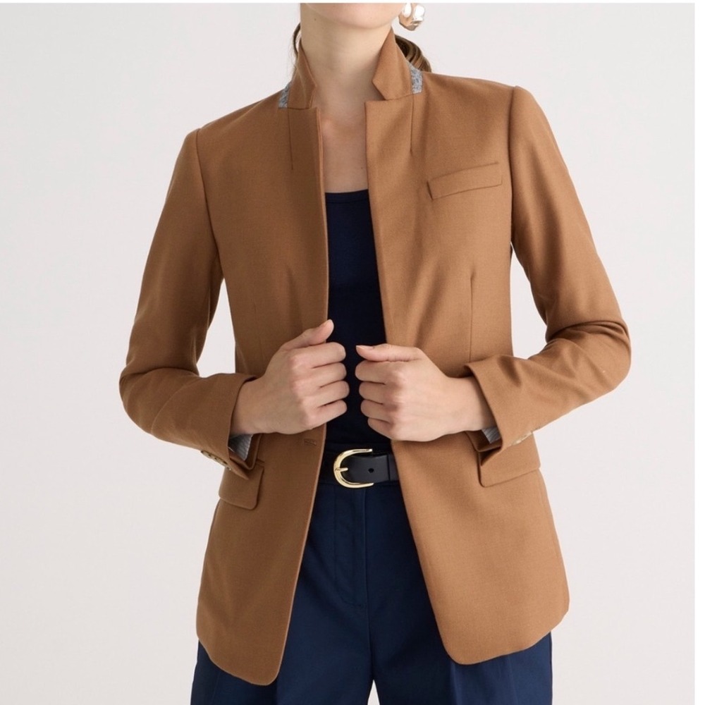 J.Crew Regent Blazer Camel Brown Wool Stand Collar Jacket Womens 24 NWOT
